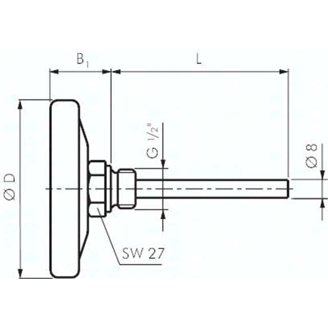 Bimetallthermometer, waage- recht D80/0 - 160°C/200mm